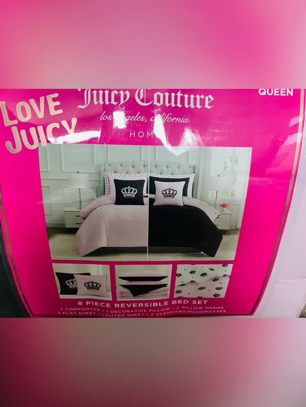 Juicy couture black/pink reversible comforter set queen sham,sheets,pillow - Picture 2 of 6